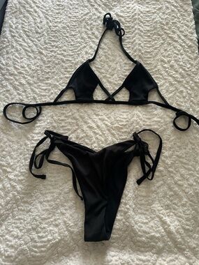 SMALL Black Tie-Side Ribbed Bikini Set